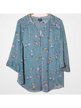 Torrid Harper Metallic Green Floral Striped Popover Top Sheer Flowy Size 2 2X